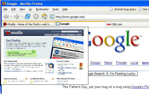 Screenshot of Firefox showing the Google homepage in the foreground, with a background tab being previewed showing the Mozilla homepage